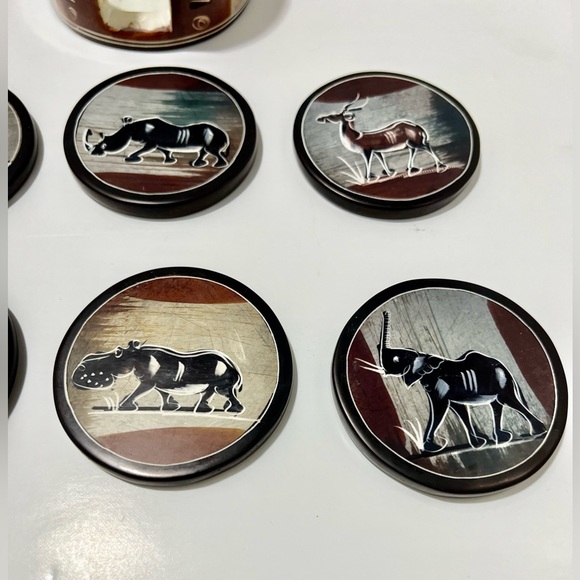 Hand-Painted African Safari Coaster Set with Holder – 7 Pc Animal Decor - Picture 7 of 11
